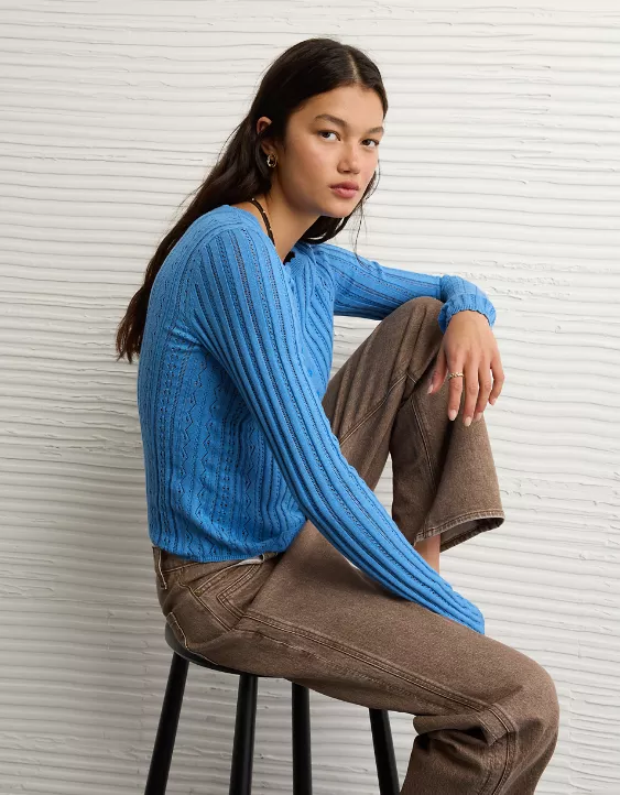 AE Pointelle Henley Sweater Top - Image 6