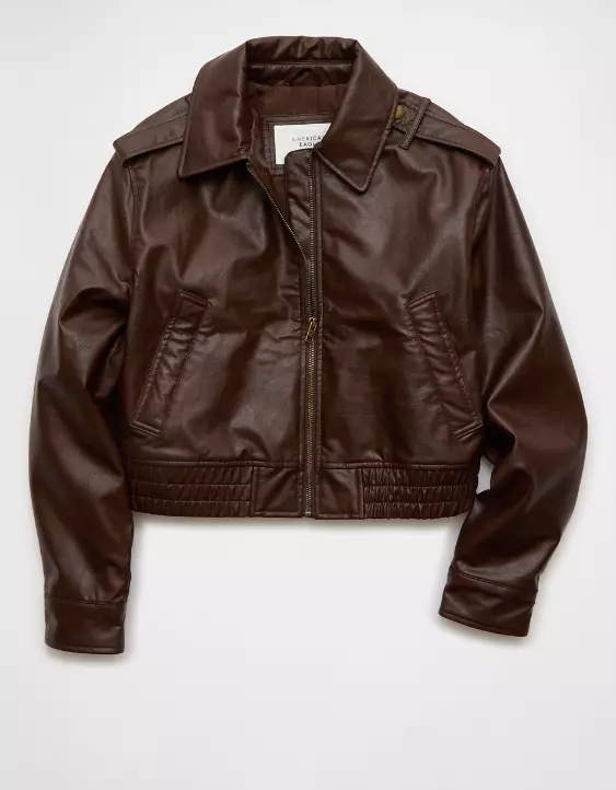 AE Cropped Faux Leather Bomber Jacket - Image 4