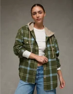 AE Plaid Hooded Button-Up Shirt