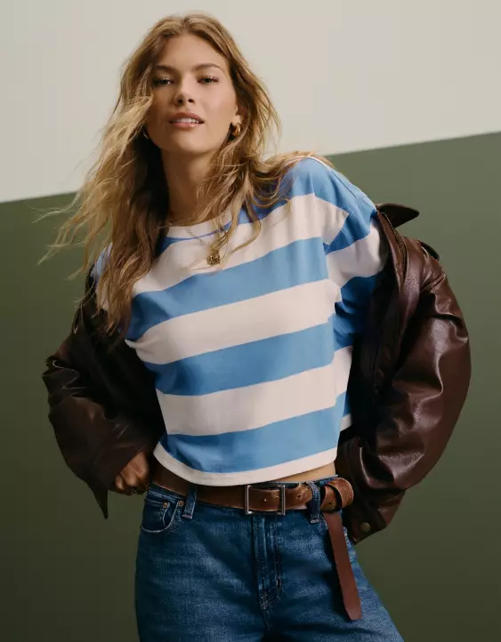 AE Cropped Faux Leather Bomber Jacket - Image 8