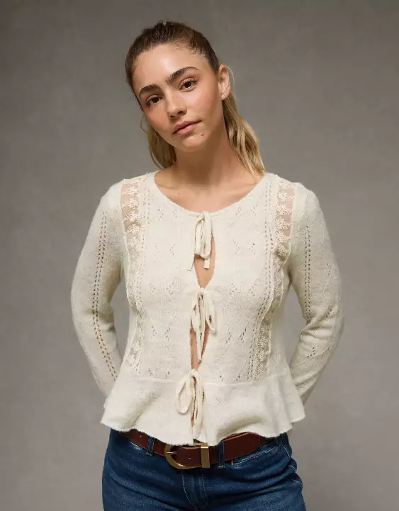 AE Lace Knit Tie-Front Cardigan - Image 7