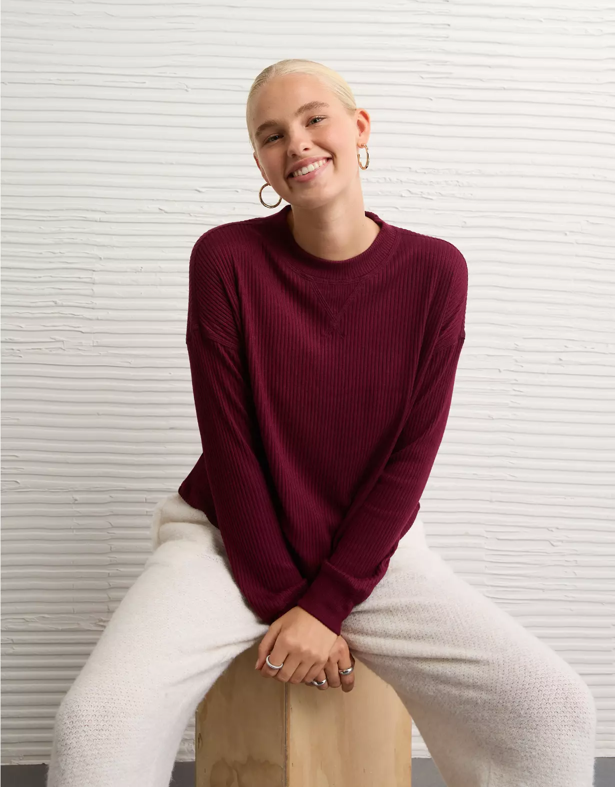 AE Long-Sleeve Waffle Plush Crew Neck Tee