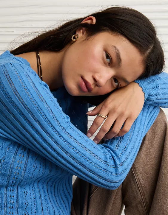 AE Pointelle Henley Sweater Top - Image 7