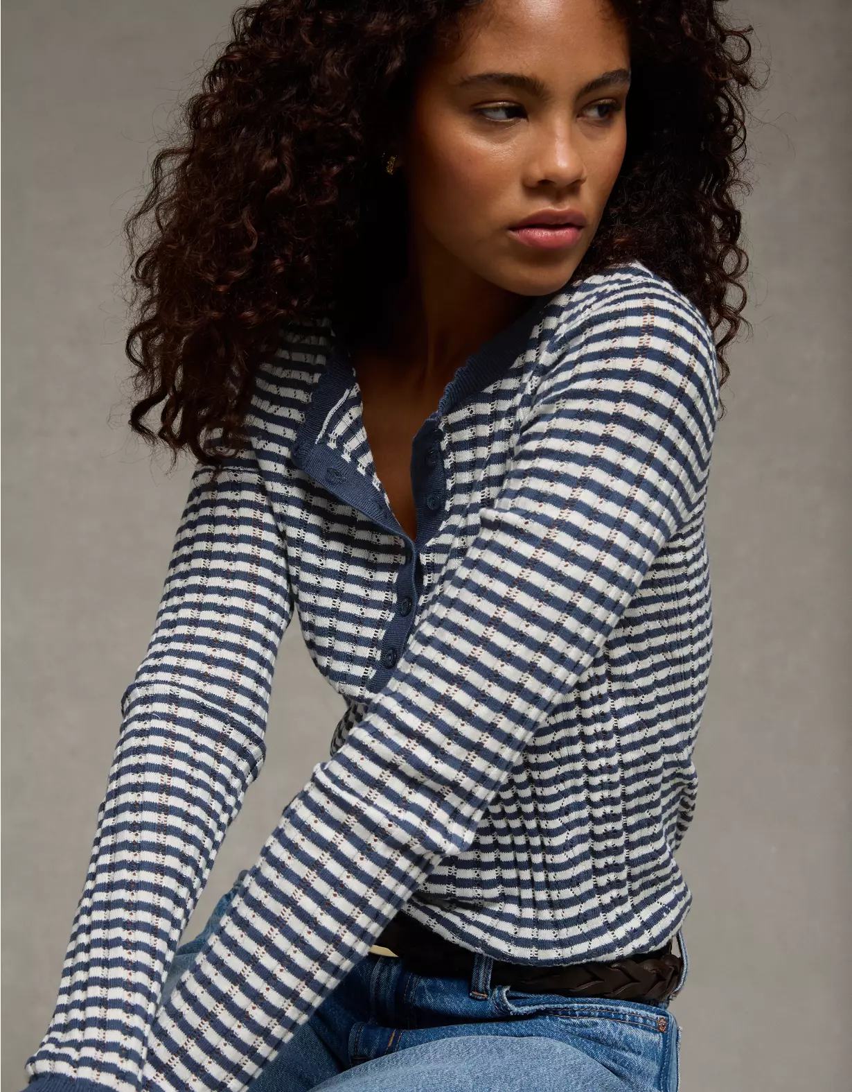 AE Pointelle Henley Sweater Top