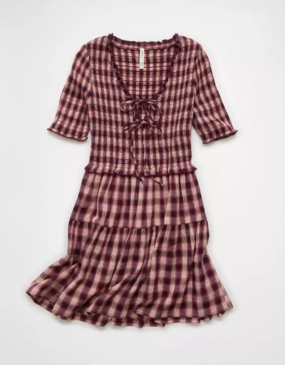 AE Puff Sleeve Tie Front Plaid Mini Dress - Image 3