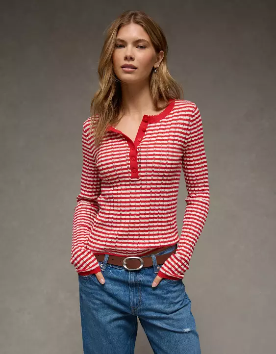 AE Pointelle Henley Sweater Top - Image 5